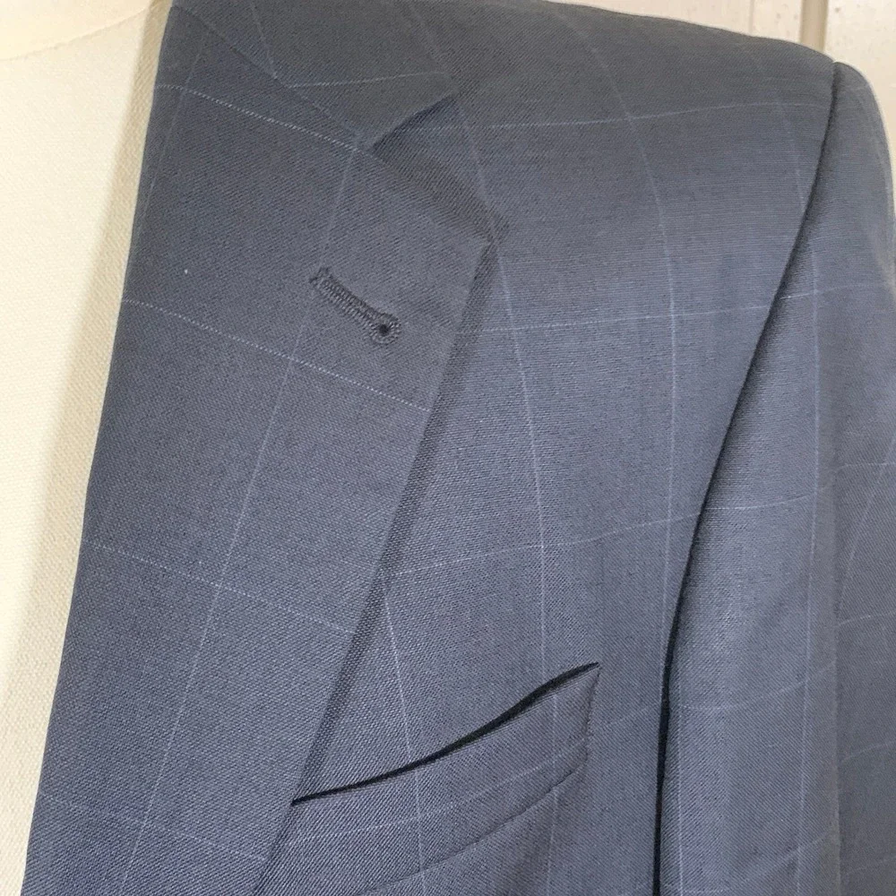 Jos A Bank Signature Mens 38S Navy Wool Silk Windowpane Blazer Sport Coat